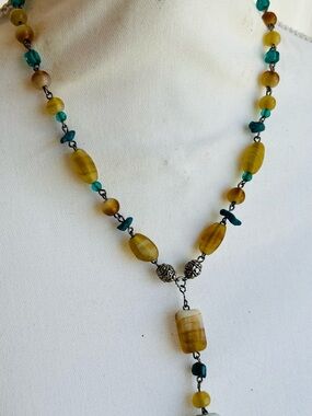 Handcrafted Yellow and Teal Beaded Y-Necklace